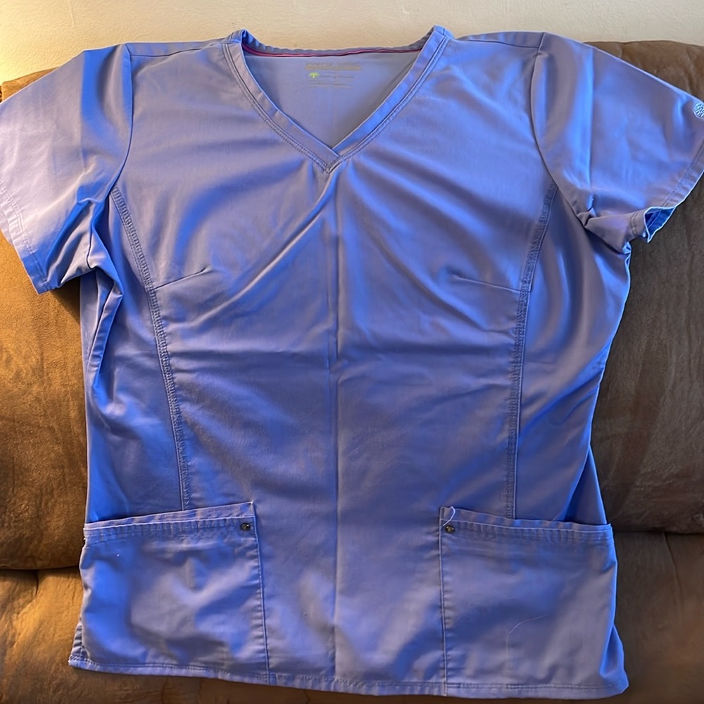 Women’s large Ceil Blue Scrub Top Healing Hands Yoga. Two pockets. Worn once.